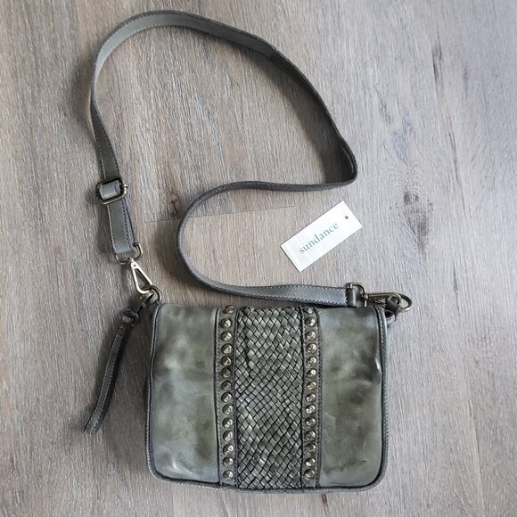 Sundance Italian Leather Studded Convertible Crossbody Purse Olive Green - Picture 1 of 16